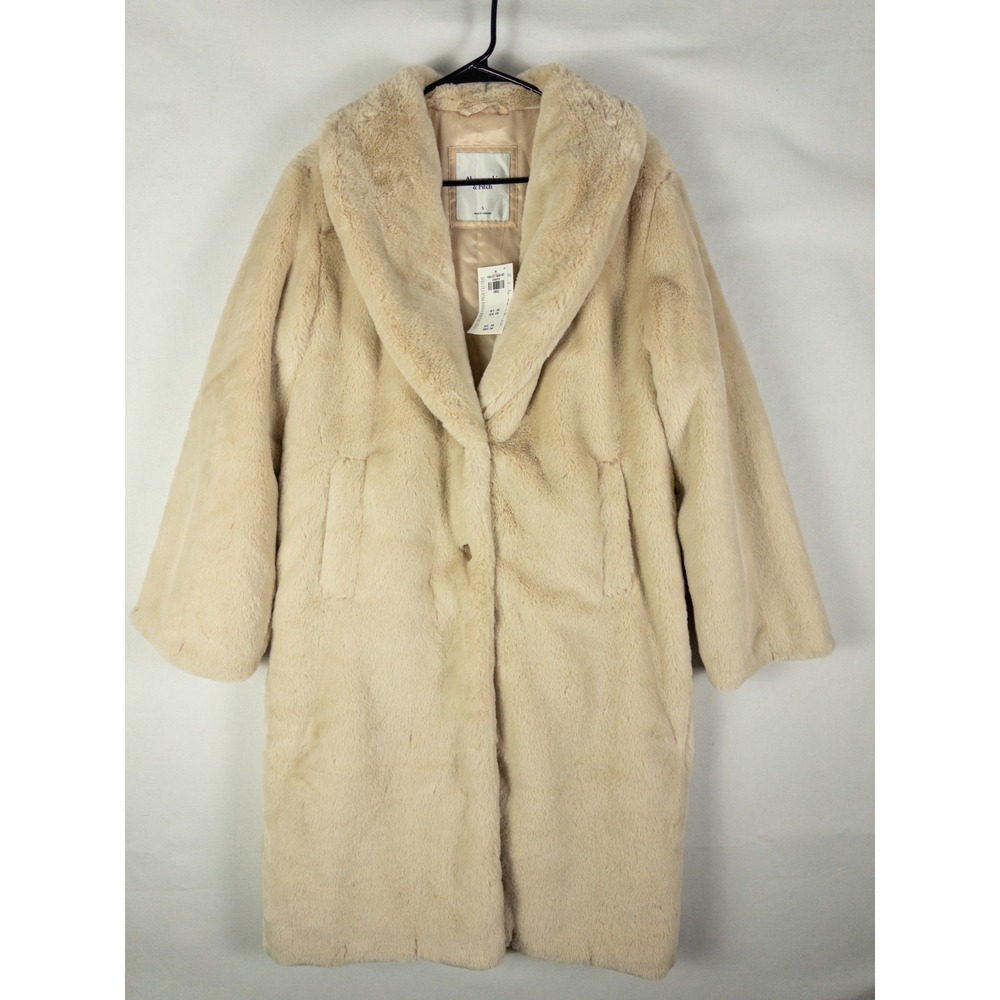 Abercrombie & Fitch Womens Small Cream Faux Fur Coat Shawl Collar Long Teddy NWT